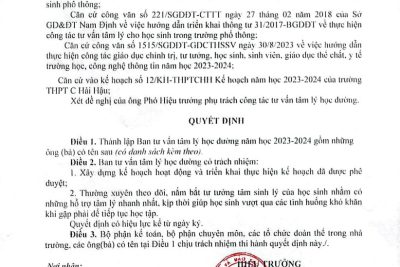 Quyết định thành lập Ban tư vấn tâm lí học đường năm học 2023 – 2024