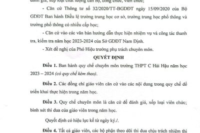 Quyết định về việc Ban hành quy chế chuyên môn năm học 2023 – 2024
