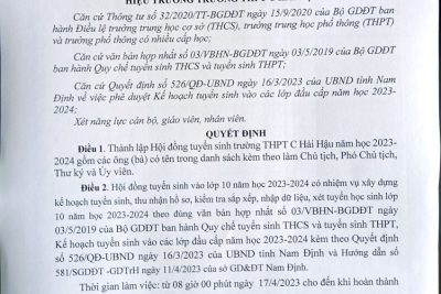 Quyết định về việc thành lập hội đồng tuyển sinh vào lớp 10 năm học 2023 – 2024