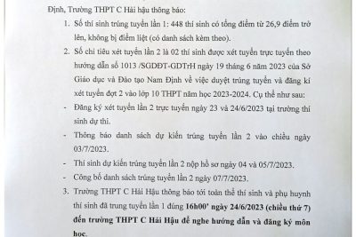 Trường THPT C Hải Hậu thông báo trúng tuyển vào lớp 10 THPT năm học 2023 – 2024