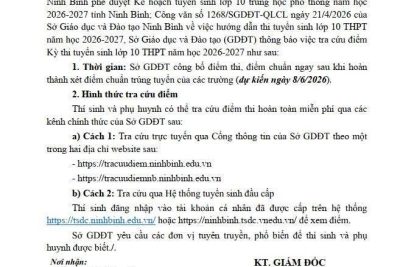 Sở GDĐT thông báo tra cứu điểm thi vào lớp 10 THPT năm học 2026-2027
